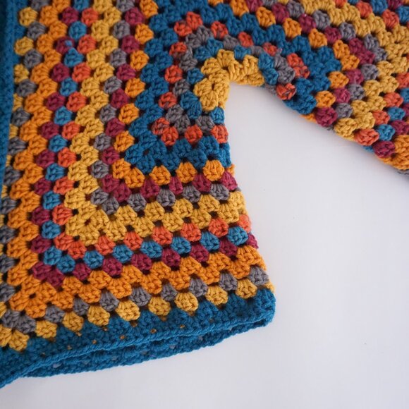 VTG Handmade Crochet Granny Square Cardigan Teal Mustard Retro Boho Sweater L - Picture 6 of 11